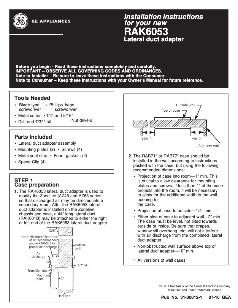 Page 1 de la notice Manuel utilisateur GE RAK6053