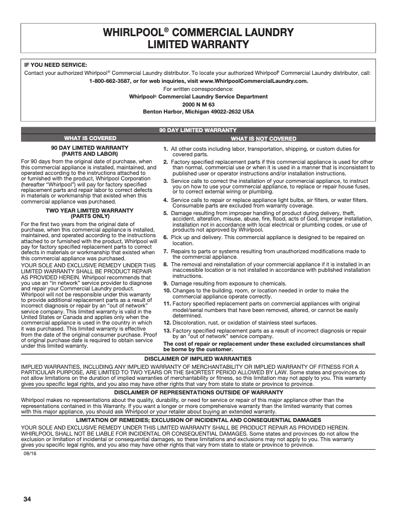 Página 1 del manual Información de garantía Whirlpool CED9150GW