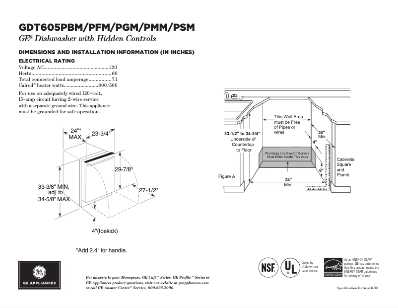Page 1 de la notice Fiche technique GE GDT605PFMDS
