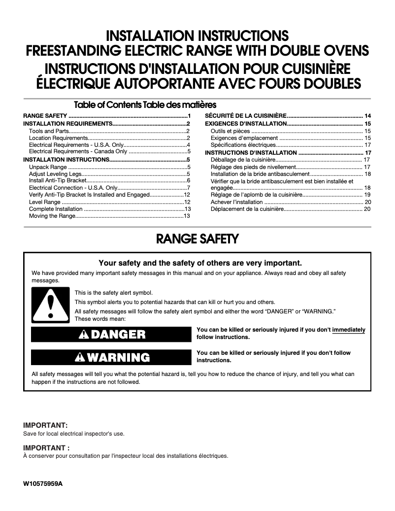 Page 1 de la notice Guide d'installation Whirlpool WGE745C0FH