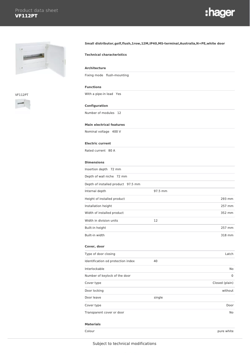 Image de la première page du manuel de l'appareil VF112PT