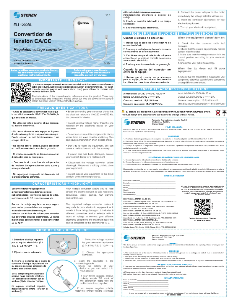 Page 1 de la notice Manuel utilisateur Steren ELI-1200BL