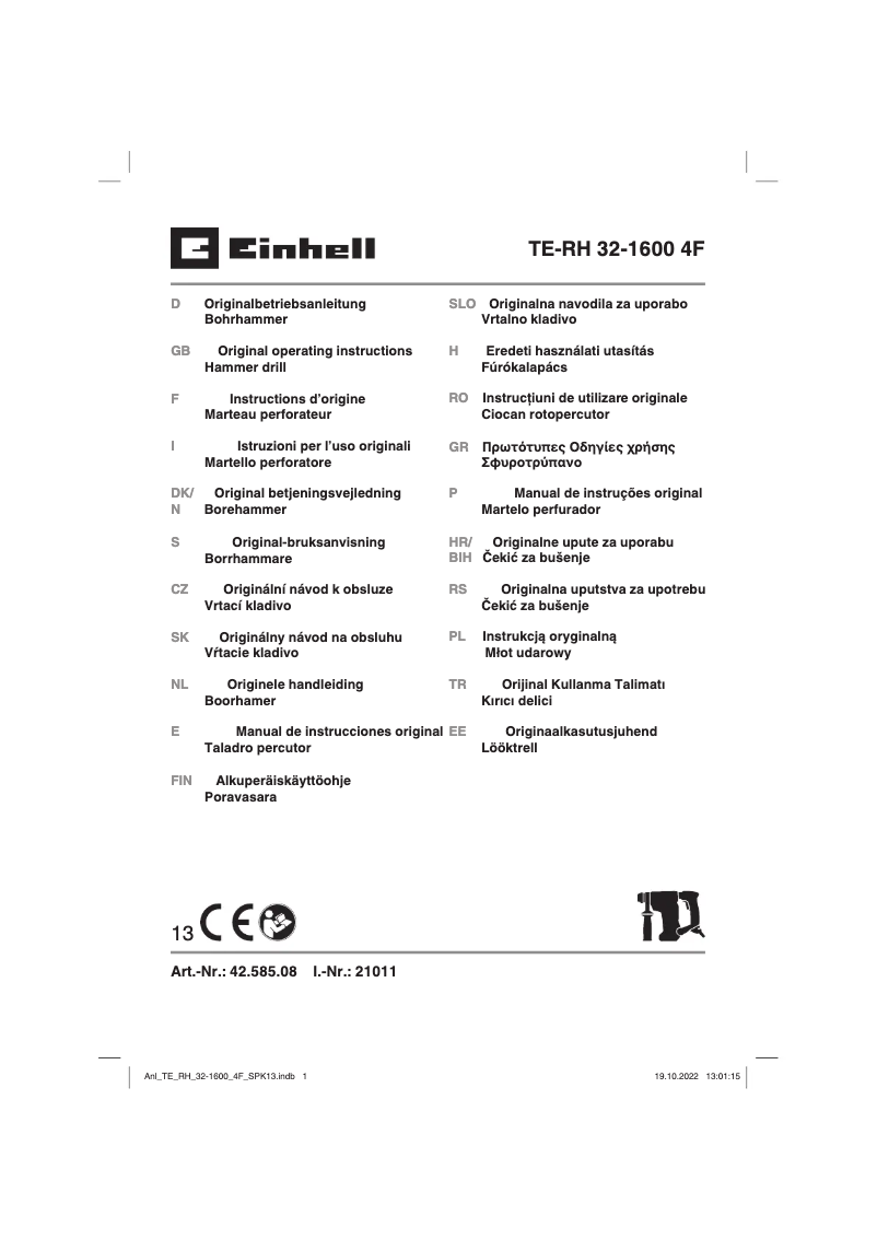 Page n°1 - Manuel utilisateur Einhell TE-RH 32-1600 4F