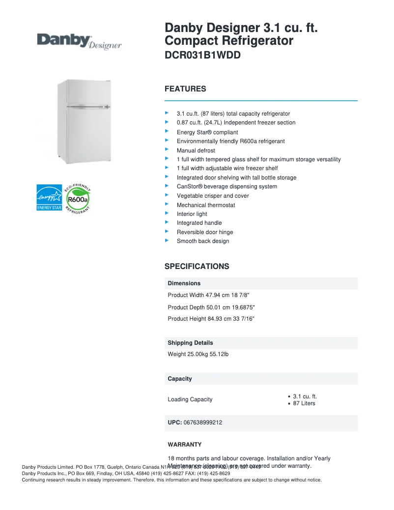 Page 1 de la notice Fiche technique Danby DCR031B1WDD