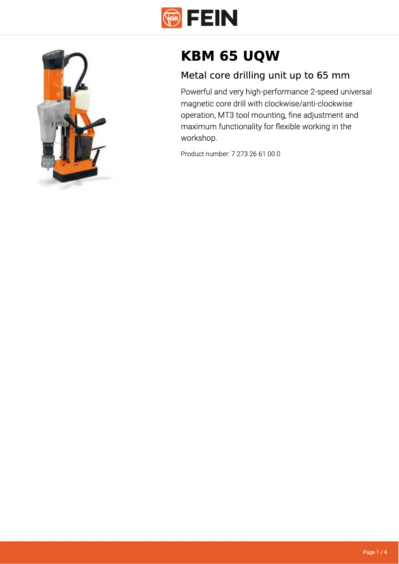 Page 1 de la notice Fiche technique Fein KBM 65 UQW