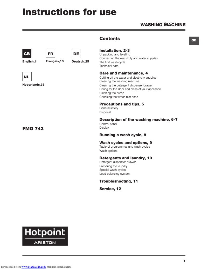 Page n°1 - Manuel utilisateur Hotpoint Ariston FMG 743 B