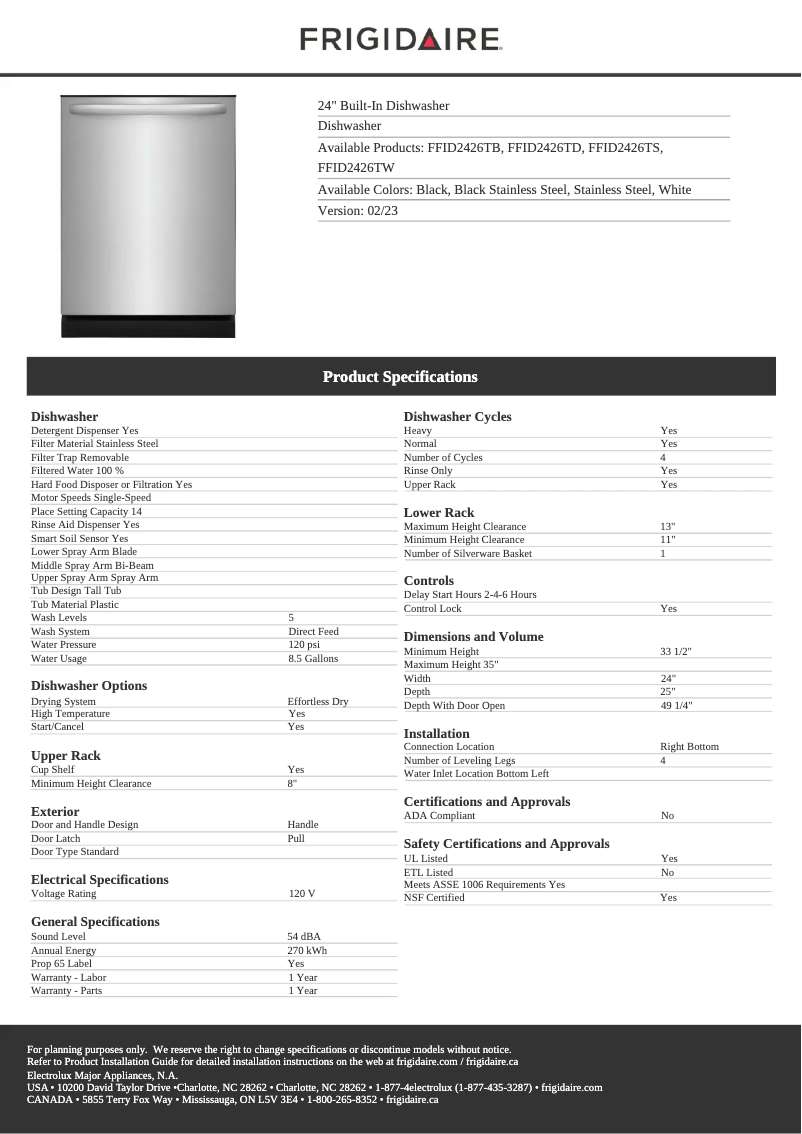 Page 1 de la notice Fiche technique Frigidaire FFID2426T