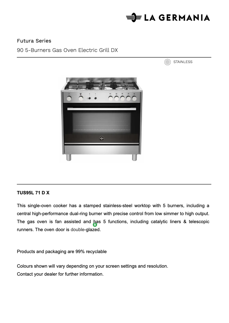 Page 1 de la notice Fiche technique La Germania TUS95L71DX