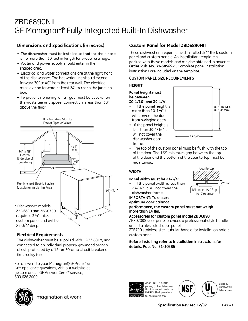 Página 1 del manual Ficha técnica GE ZBD6890NII