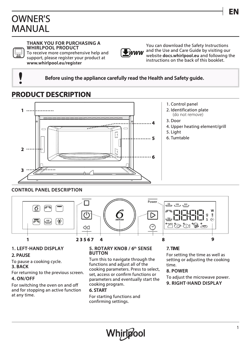 Page 1 de la notice Guide d'installation Whirlpool AMW 731/NB