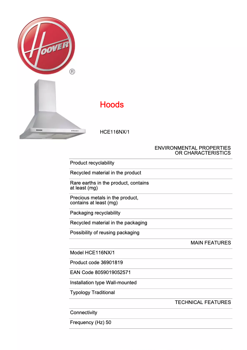 Page n°1 - Fiche technique Hoover HCE116NX