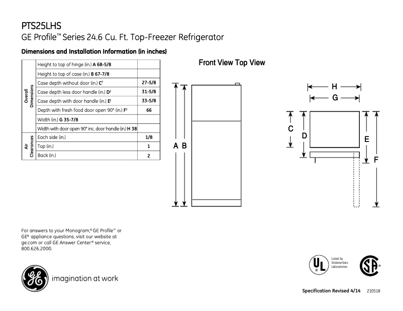 Page n°1 - Fiche technique GE PTS25LHSBB