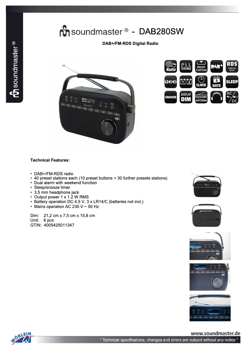 Page 1 de la notice Fiche technique Soundmaster DAB280