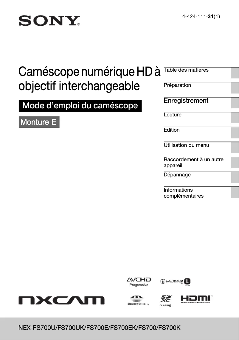Image de la première page du manuel de l'appareil NEX-FS700EK