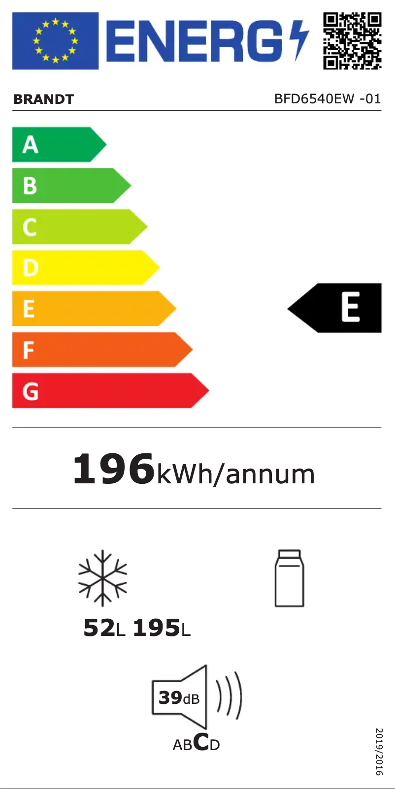 Page n°1 - Label énergétique Brandt BFD6540EW