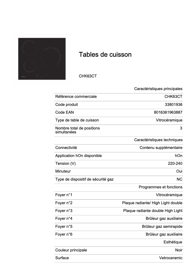Page 1 de la notice Fiche technique Candy CHK63CT