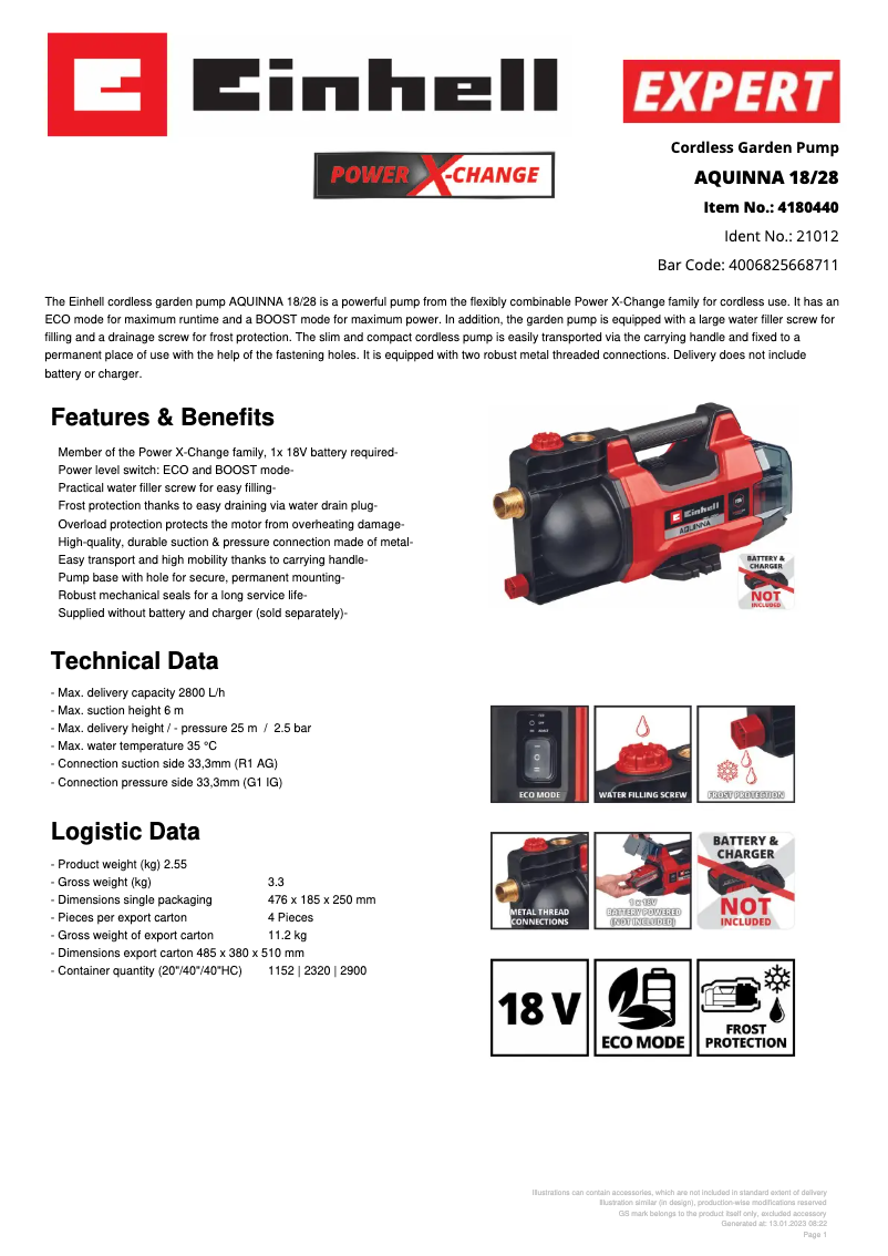 Page n°1 - Fiche technique Einhell AQUINNA 18/28