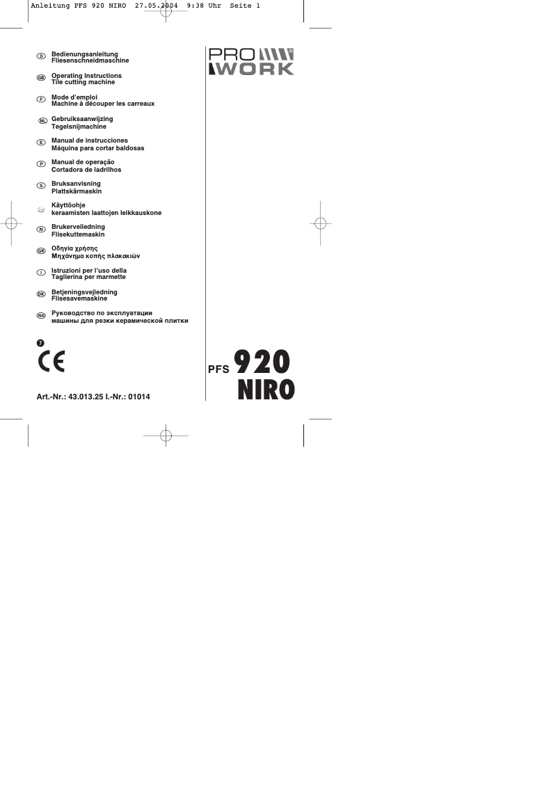 Page n°1 - Manuel utilisateur Prowork PFS 920 Niro