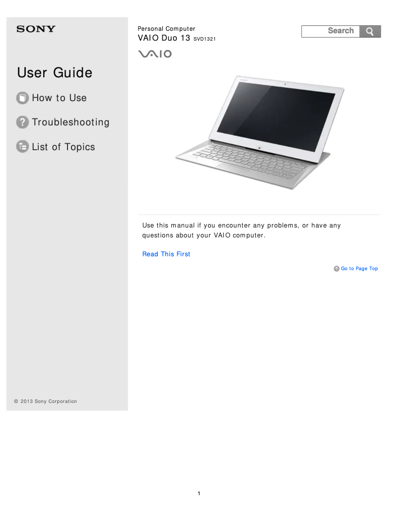 Page 1 de la notice Manuel utilisateur Sony Vaio Duo 13 SVD13213CXB