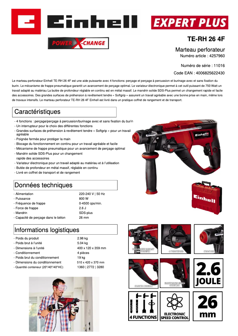 Page 1 de la notice Fiche technique Einhell TE-RH 26 4F