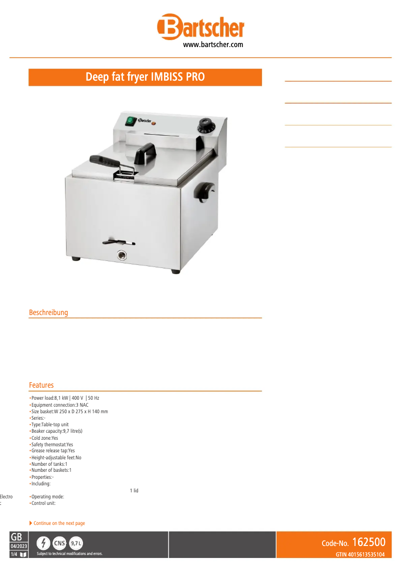 Page 1 de la notice Fiche technique Bartscher Imbiss Pro 162500