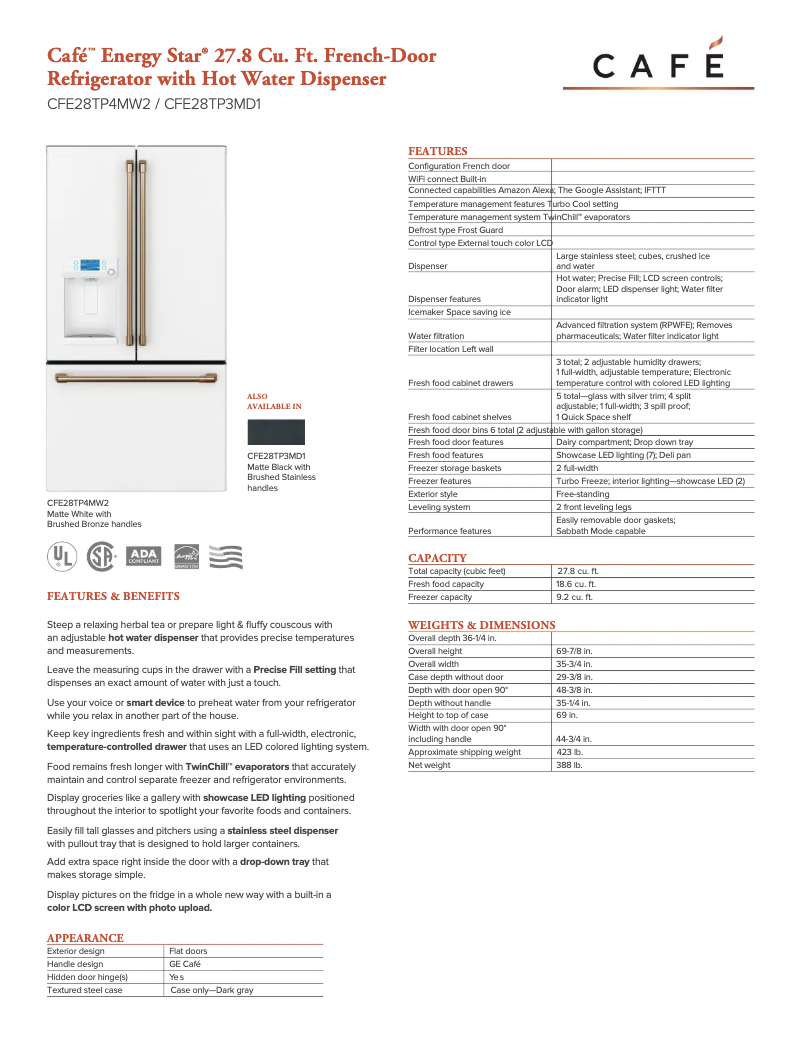 Page n°1 - Fiche technique GE CFE28TP4MW2