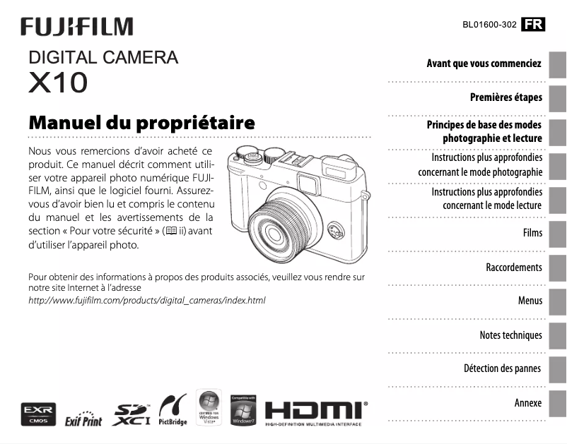 Image de la première page du manuel de l'appareil Finepix X10