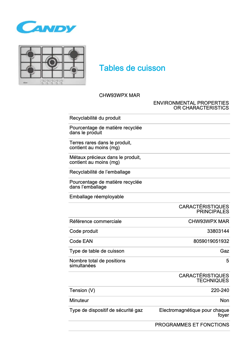 Page n°1 - Fiche technique Candy CHW93WPX MAR