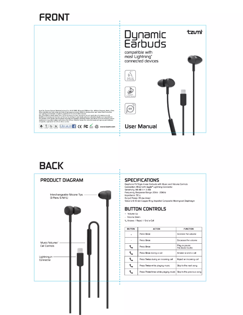 Page n°1 - Manuel utilisateur Tzumi Dynamic Earbuds