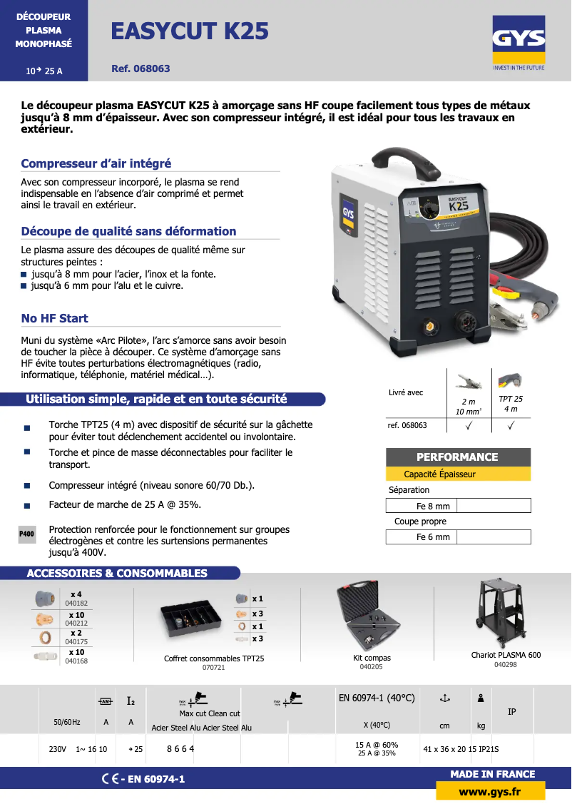 Page 1 de la notice Fiche technique GYS Cutter K25