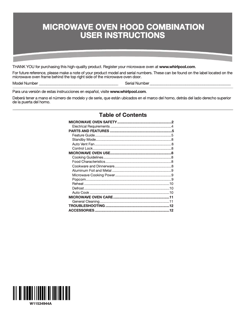 Page 1 de la notice Manuel utilisateur Amana UMV1170LS