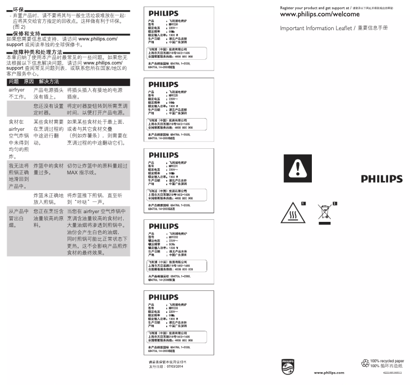 Page 1 de la notice Brochure Philips Viva Collection Airfryer HD9225