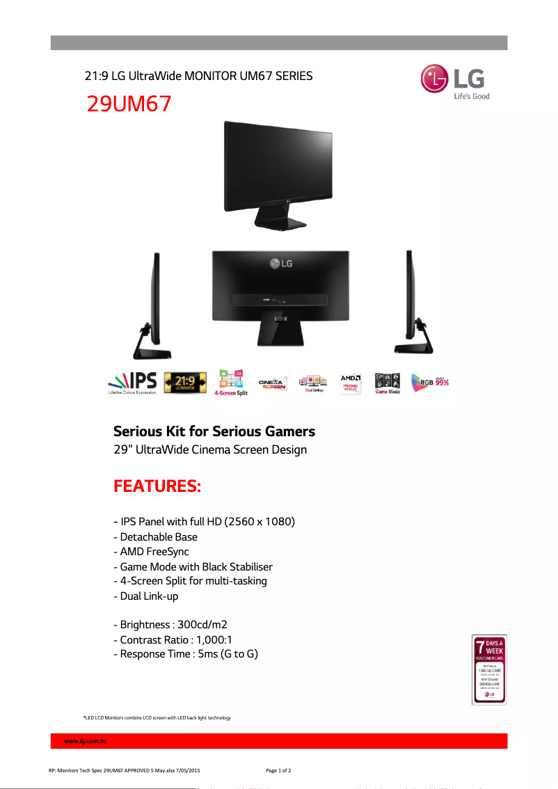 Página 1 del manual Ficha técnica LG 29UM67-P