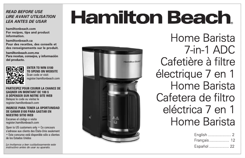 Page 1 de la notice Manuel utilisateur Hamilton Beach Home Barista 46251