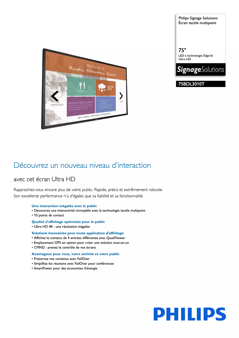 Page n°1 - Fiche technique Philips 75BDL3010T
