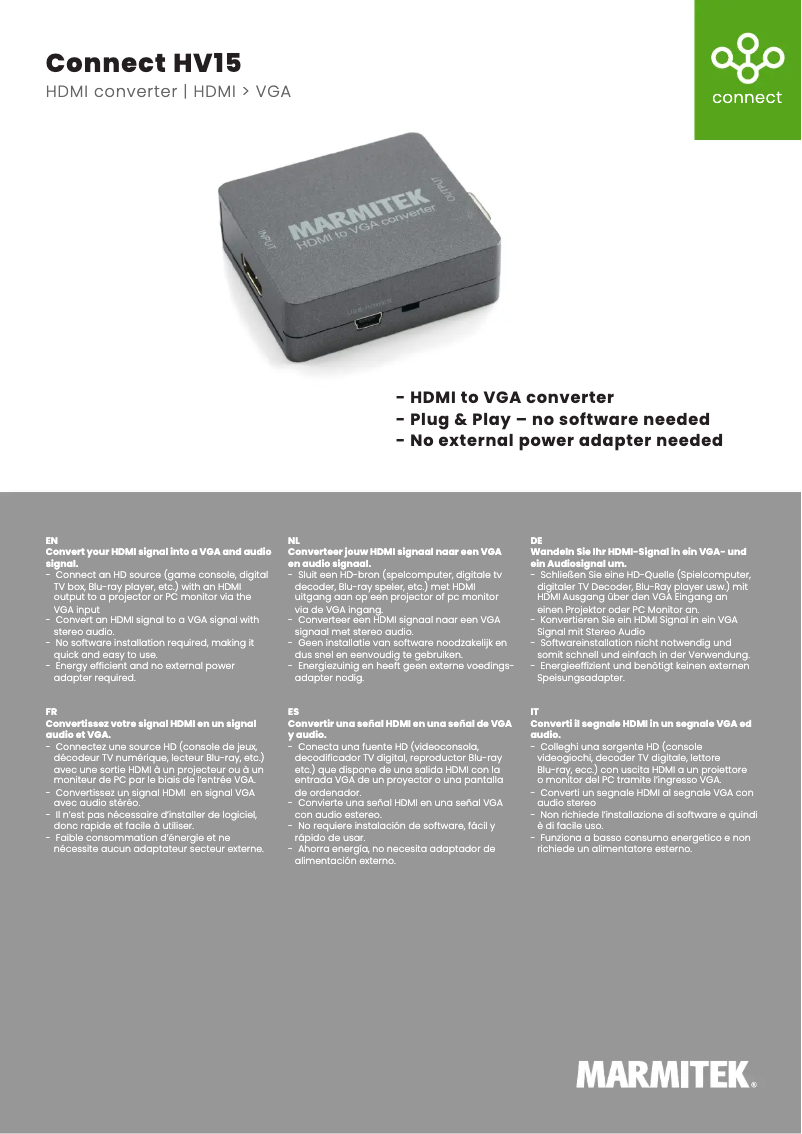 Page 1 de la notice Fiche technique Marmitek Connect HV15