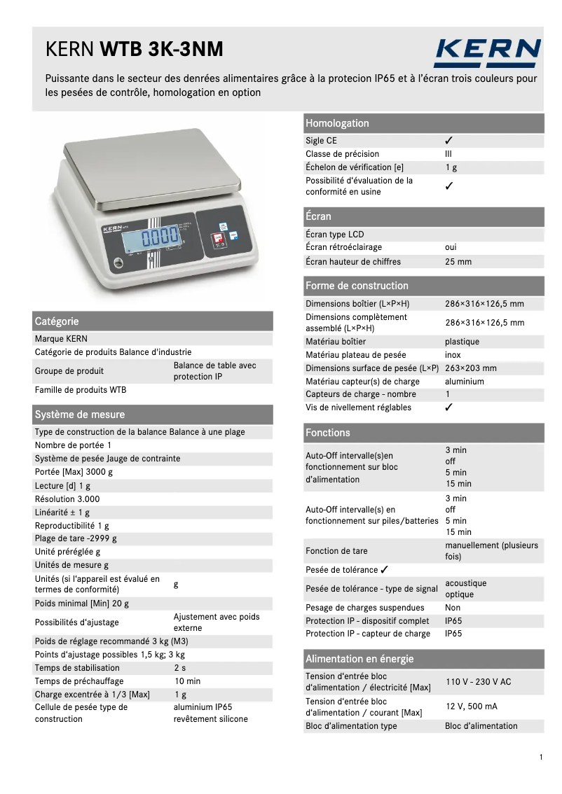 Page 1 de la notice Fiche technique Kern WTB 3K-3NM
