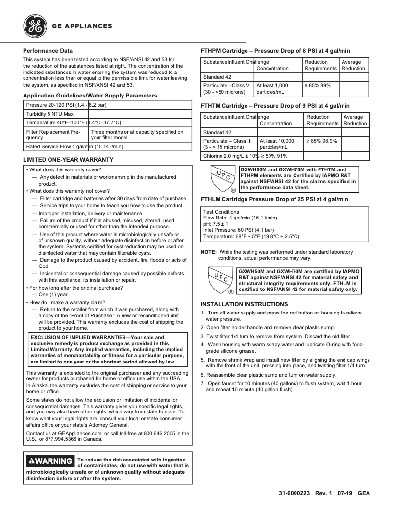 Page n°1 - Fiche technique GE GXWH70M
