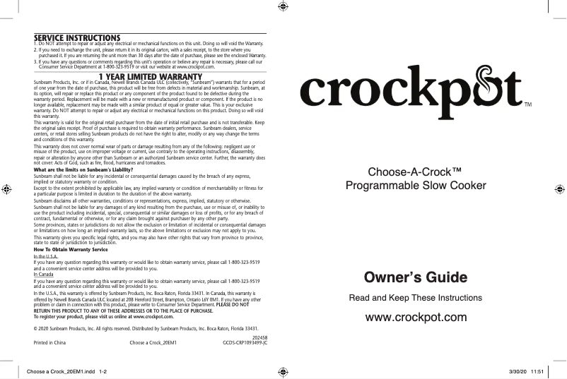 Page 1 de la notice Manuel utilisateur Crock-Pot Choose-A-Crock CPSCVC60CC2-S