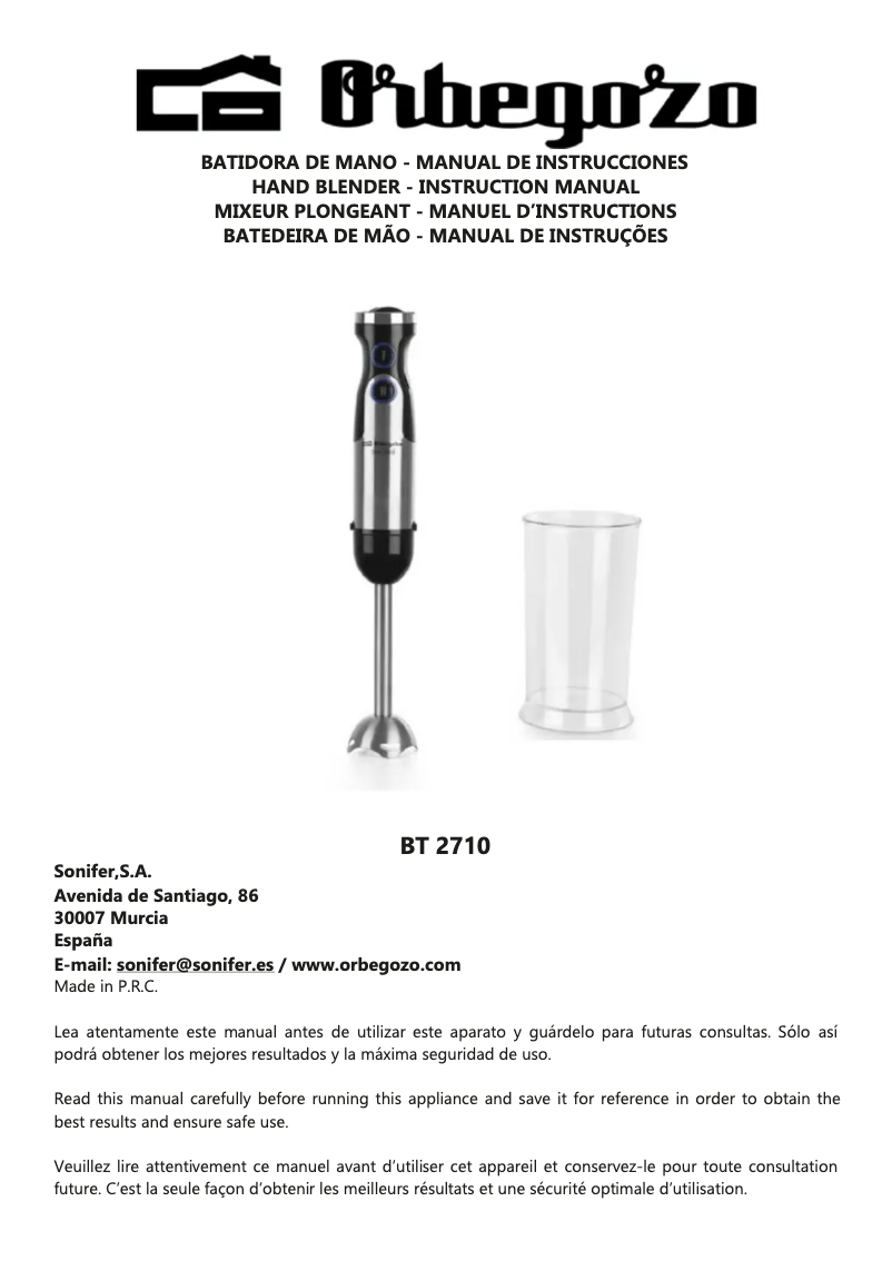 Page 1 de la notice Manuel utilisateur Orbegozo BT 2710