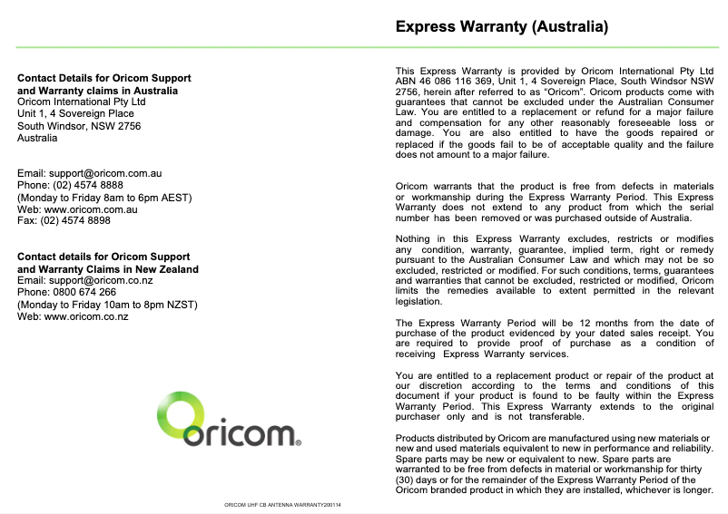 Page n°1 - Manuel utilisateur Oricom MDW18B