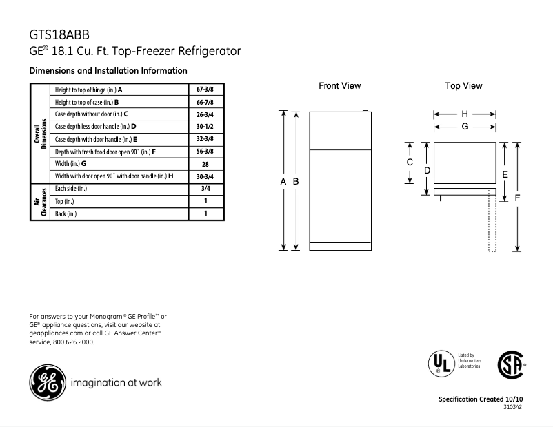 Page n°1 - Fiche technique GE GTS18ABBRWW