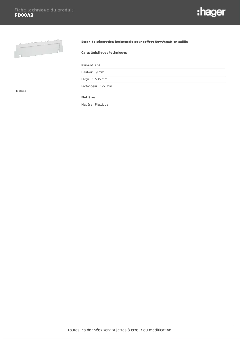 Page n°1 - Fiche technique Hager FD00A3
