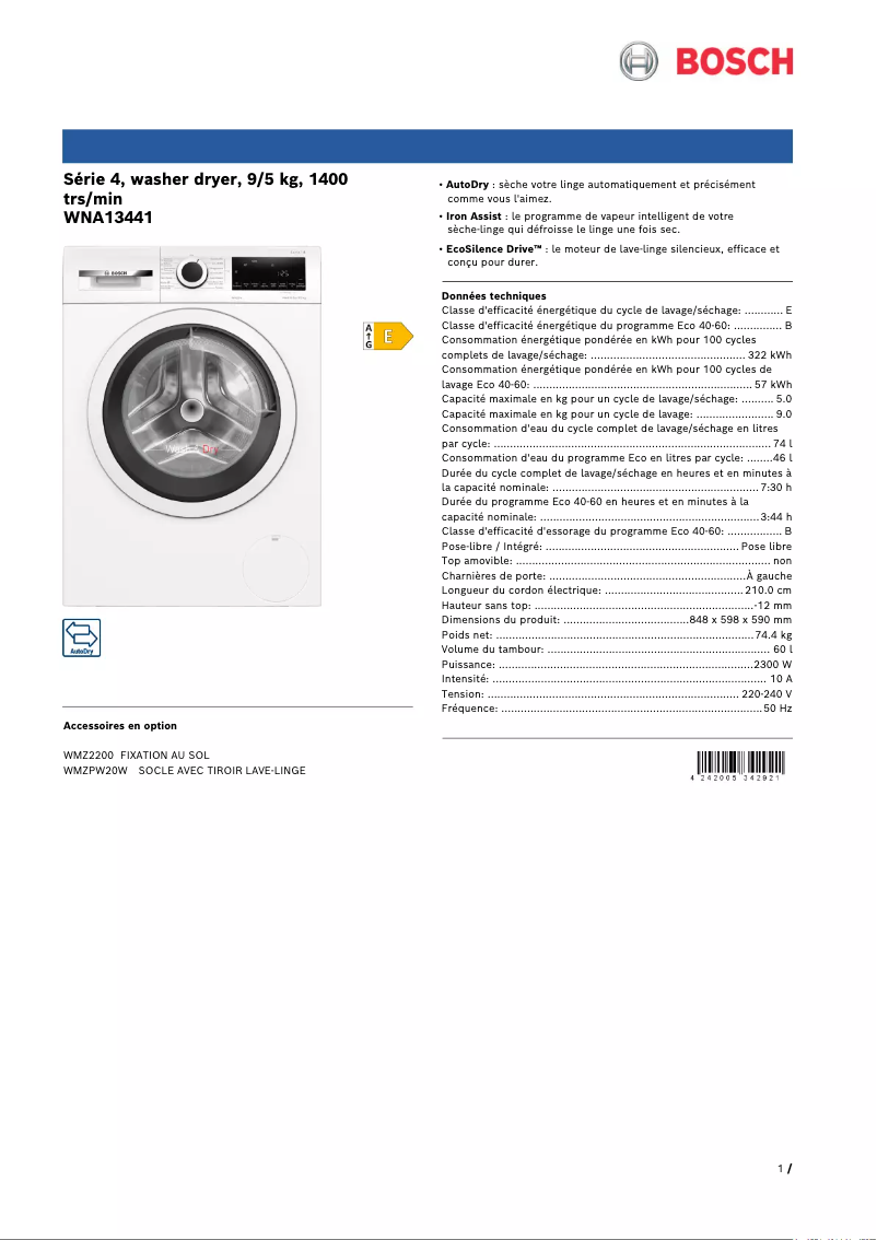 Page n°1 - Fiche technique Bosch WNA13441