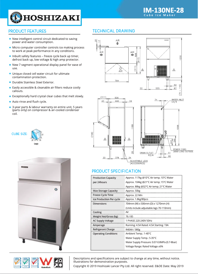 Page 1 de la notice Fiche technique Hoshizaki IM-130NE