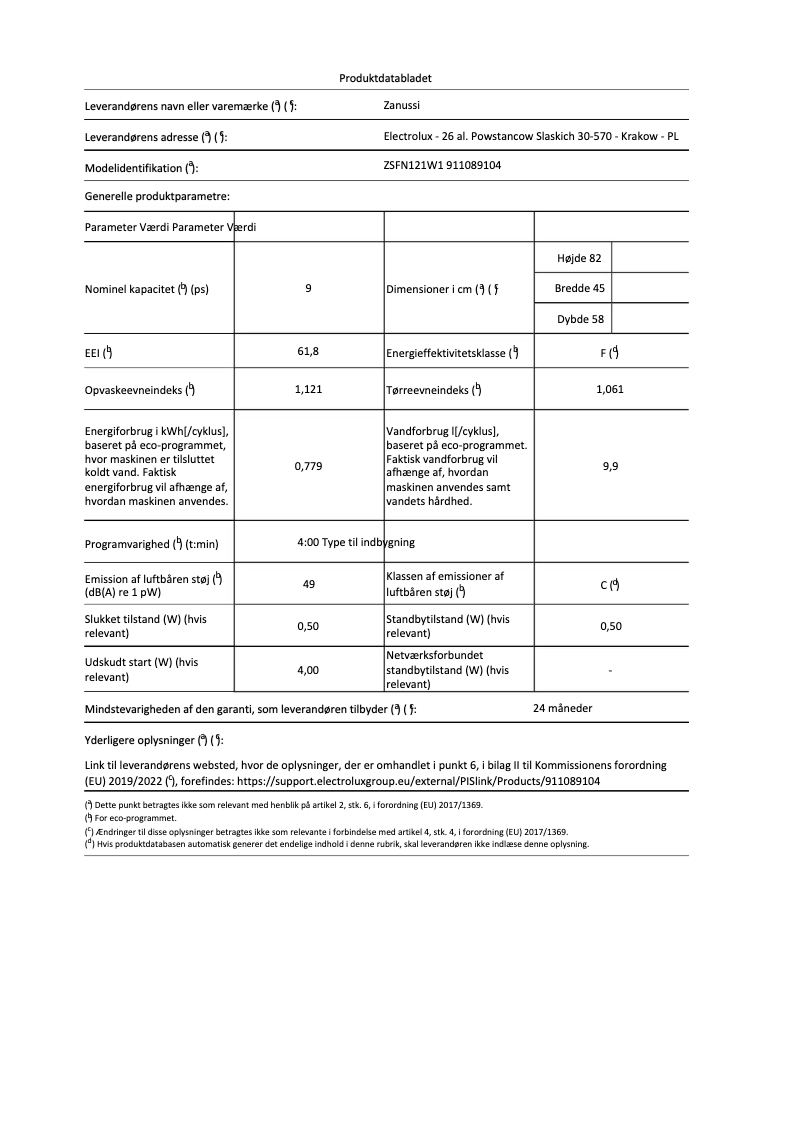 Page n°1 - Fiche technique Zanussi ZSFN121W1