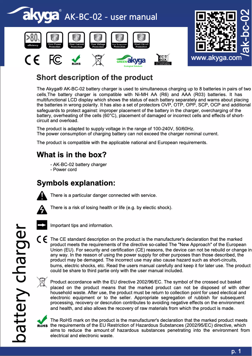 Page 1 de la notice Manuel utilisateur Akyga AK-BC-02