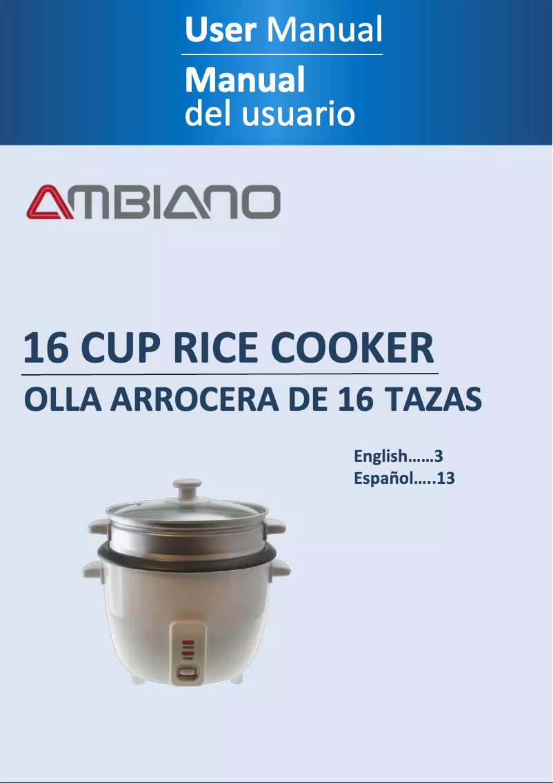 Image de la première page du manuel de l'appareil 16 Cup Rice Cooker and Food Steamer RC15-G