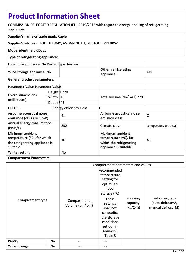 Page n°1 - Fiche technique Caple RI5520