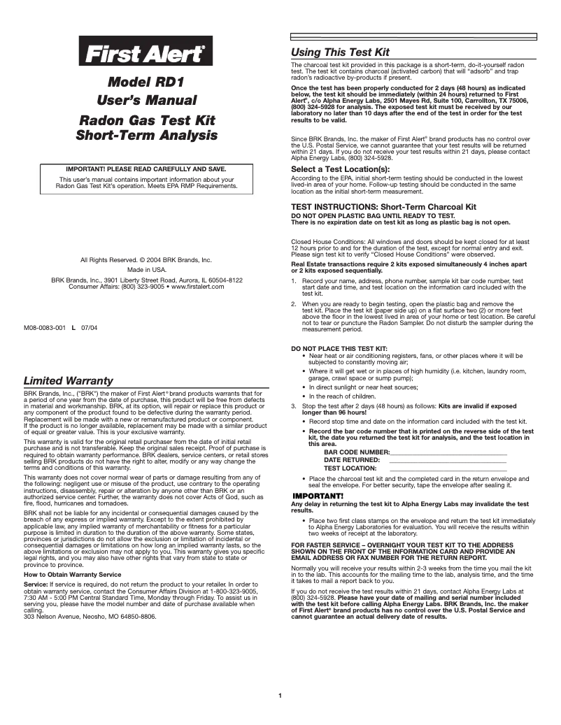 Page 1 de la notice Manuel utilisateur First Alert RD1